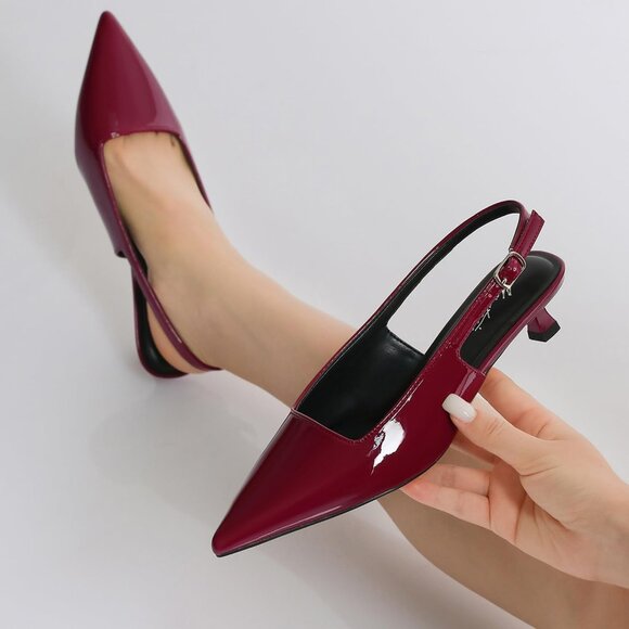 Women's Burgundy 1 Pointed Closed Toe Slingback Kitten Heels Pumps Party Shoes - Picture 3 of 9